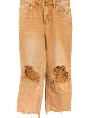 Bohme Distressed Tan High-Waist Wide-Leg Jeans Size 26 100% Cotton